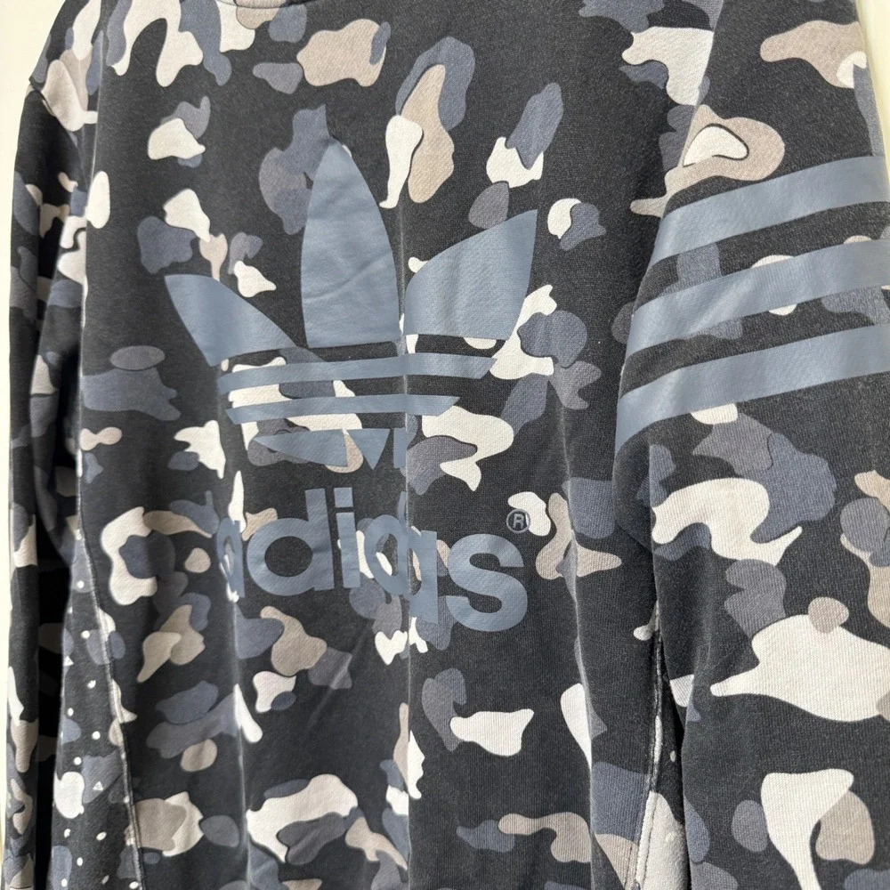 Adidas Mens Sweatshirt M Black Grey Camo Trefoil Logo Streetwear Pullover‎
